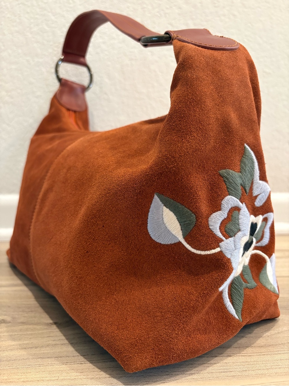 Rust Suede Embroidered Hobo Shoulder Bag-100% Suede & Leather